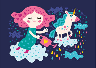 Card for girl. Vector isolated illustration with beautiful fairy and unicorn on a dark background.
