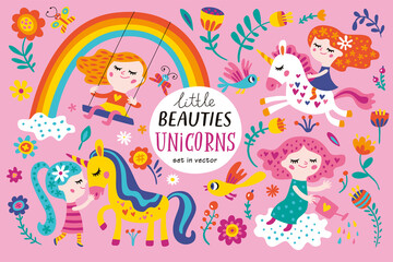 Obraz na płótnie Canvas Set with beautiful fairies and unicorns for girl. Vector isolated illustrations on a pink background. 