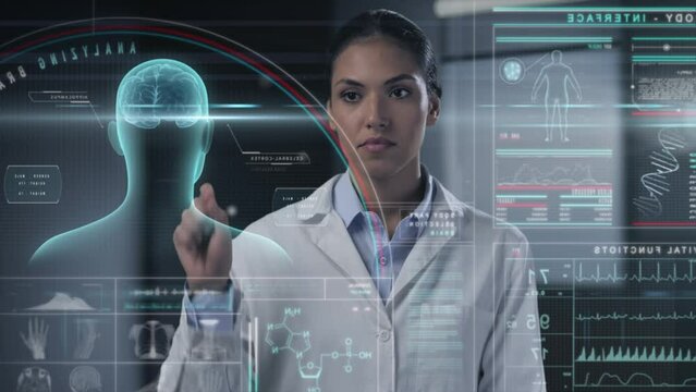 doctor using medical graphic interface touch screen studying human body system,scientist anatomist analyzing health condition of human organs uses future holographic 3d technology