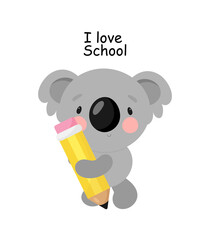 Cute Koala with pencil. Cartoon style. Vector illustration. For card, posters, banners, books, printing on the pack, printing on clothes, fabric, wallpaper, textile or dishes.