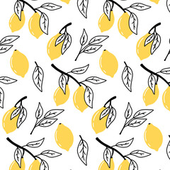 Pattern with lemons in doodle style.Seamless pattern with lemon branches. Vector illustration.