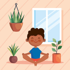 boy yoga with houseplants