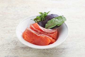 Sliced salmon fillet starter snack