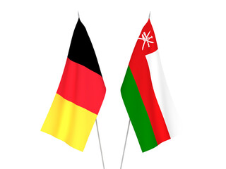 National fabric flags of Belgium and Sultanate of Oman isolated on white background. 3d rendering illustration.