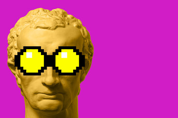 Collage with antique sculpture of male face in pop art style. Modern creative concept image with ancient statue head in pixel glasses. Zine culture. Contemporary art. Funky punk unusual design.