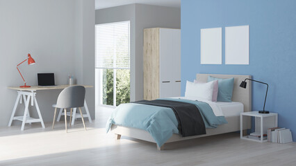 Modern teenager room interior with workplace and bed. Idea for design. 3D rendering