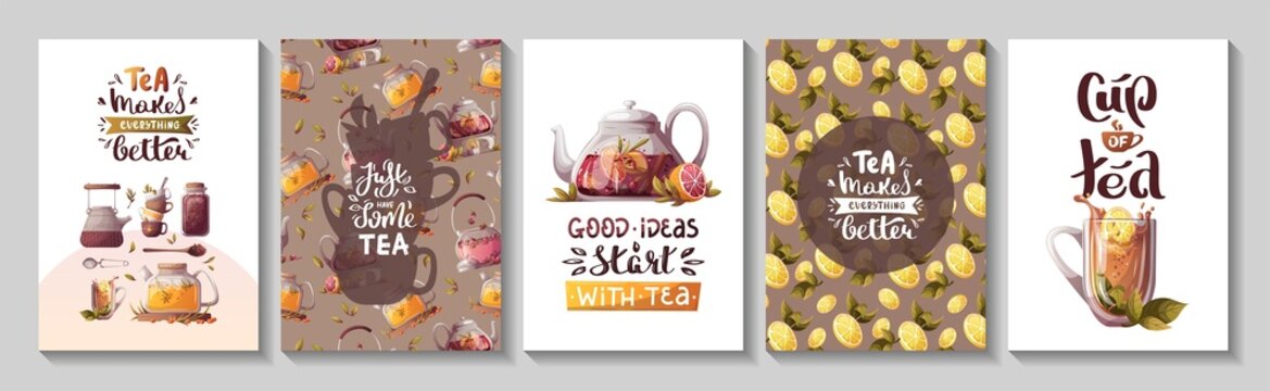 Set of cards with teapots, loose tea, teacups, handwritten quotes. Tea shop, cafe-bar, tea lover, beverages concept. A4 vector illustration for poster, banner, cover, card, postcard. 
