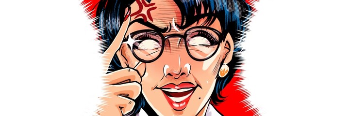 突然ブチギレるメガネをかけたモンスターペアレント教育ママのアメコミ風カラーイラストと吹き出し