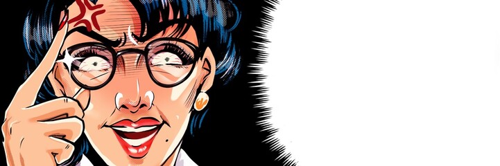 突然ブチギレるメガネをかけたモンスターペアレント教育ママのアメコミ風カラーイラストと吹き出し