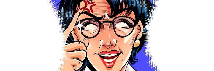 突然ブチギレるメガネをかけたモンスターペアレント教育ママのアメコミ風カラーイラストと吹き出し
