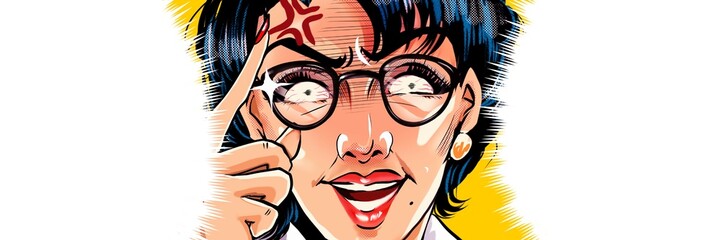 突然ブチギレるメガネをかけたモンスターペアレント教育ママのアメコミ風カラーイラストと吹き出し