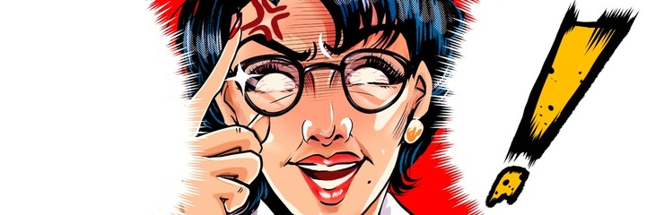 突然ブチギレるメガネをかけたモンスターペアレント教育ママのアメコミ風カラーイラストと吹き出し