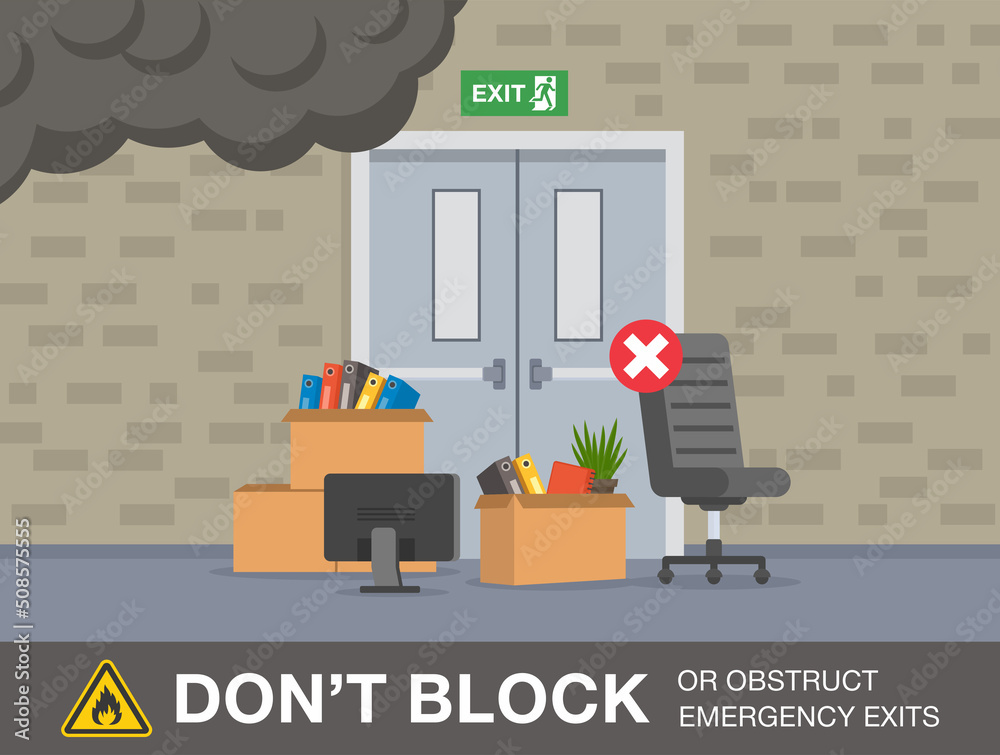 Wall mural fire safety activity. do not block or obstruct emergency exits warning design. blocked fire exit doo