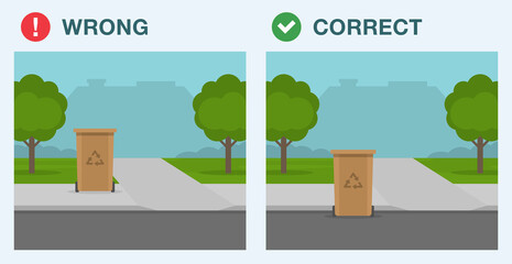 Residential waste and recycling or trash pickup service rules. Cart blocking sidewalk access. Bins on sidewalk. Wrong and correct placement. Flat vector illustration template.  - obrazy, fototapety, plakaty