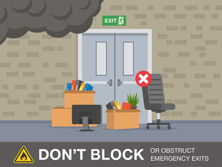 Fire safety activity. Do not block or obstruct emergency exits warning design. Blocked fire exit doors. Flat vector illustration template.