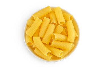 raw italian Rigatoni pasta in ceramic bowl isolated on white background with full depth of field. Top view. Flat lay