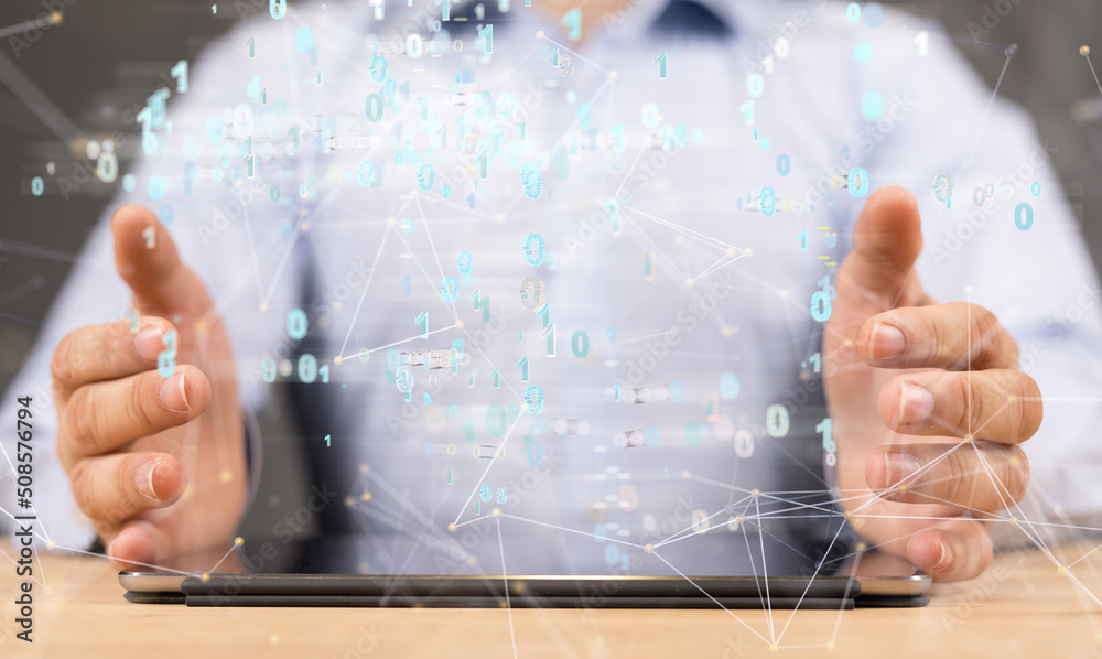 Poster Big data and artificial intelligence concept. Machine learning and cyber mind domination