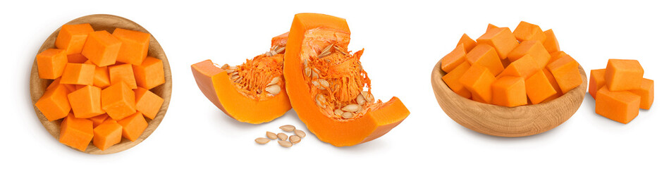 Fresh orange pumpkin isolated on white background with full depth of field. Set or collection