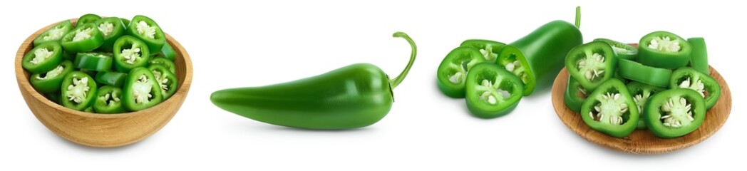 jalapeno peppers isolated on white background. Green chili pepper with full depth of field. Set or...