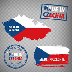 Made in Czechia rubber stamps icon isolated on transparent background. Manufactured or Produced in Czechia.  Map of  Czech Republic. Set of grunge rubber stamps. EPS10.