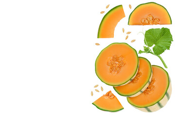 Cantaloupe melon isolated on white background with full depth of field. Top view with copy space for your text. Flat lay