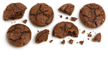 chocolate cookies broken isolated on white background with full depth of field. Top view with copy space for your text. Flat lay
