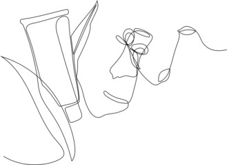 Continuous drawing of one line of bottles with oil or honey or lemon or lime juice for scrubbing and body skin care with natural herbal skin care products, top view of ingredients. Vector illustration