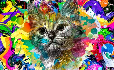 Foto auf Acrylglas abstract colorful cat muzzle illustration, graphic design concept © reznik_val