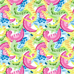 Seamless pattern of cute multicolored sleeping dinosaurs. Cartoon vector style. Abstract background of dinosaurs on white background.