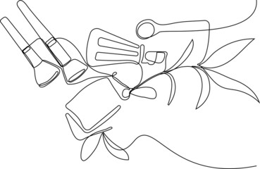 Continuous drawing of one line of bottles with oil or honey or lemon or lime juice for scrubbing and body skin care with natural herbal skin care products, top view of ingredients. Vector illustration