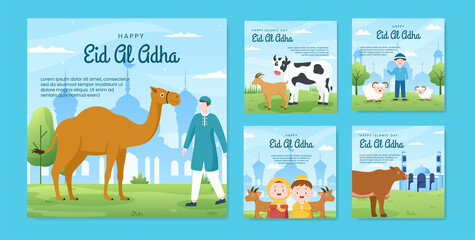 Obraz premium Eid al Adha Post Template Social Media Flat Cartoon Background Illustration