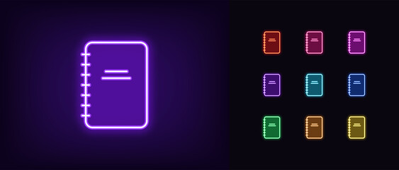 Outline neon diary icon. Glowing neon notebook silhouette, notepad pictogram. Diary for business notes