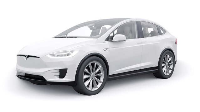Paris, France. January 06, 2022: Tesla Model X full size city SUV. Car isolated on white background. 3d rendering.