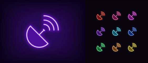Outline neon satellite dish icon. Glowing neon Satellite antenna with waves, sputnik broadcast signal. Satellite television