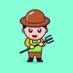 Cute cartoon character farmer vector design  with fork. Cartoon character of young farmer in green overall, yellow sweater, boots and straw hat. Little gardener. Smiling boy with shiny eyes and freck