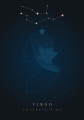 Poster zodiac sign and constellation on starry cosmos dark background.