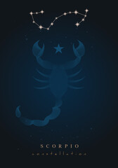 Poster zodiac sign and constellation on starry cosmos dark background.