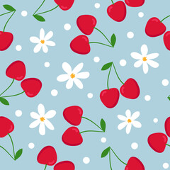 Cherry seamless pattern. Red cherries with green leaves and white flowers on blue background. Flat design. 