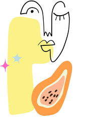 Hand drawn abstract vector illustration of line art human woman face, yellow shape, papaya exotic tropical summer fruit, pink and blue color stars and other graphic elements