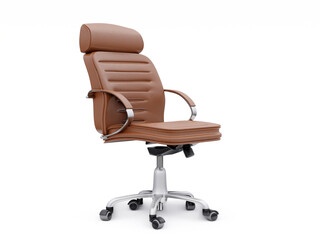 Brown leather office chair isolated on white background. Executive Stylish workplace. 3D illustration