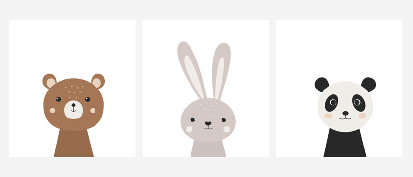 Cute animals portraits. Cartoon panda, bear and rabbit. Set posters nursery. Wall art kids. Vector illustration for textiles, postcards, game room decoration. Hand drawn baby print. Funny panda, banny
