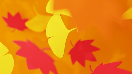 秋に紅葉する植物が落ちていく様子。もみじとイチョウの葉。オレンジ色の背景。