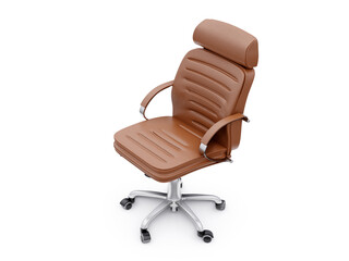 Brown leather office chair isolated on white background. Executive Stylish workplace. 3D illustration