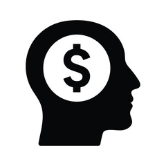 Money, brain icon. Black vector graphics.