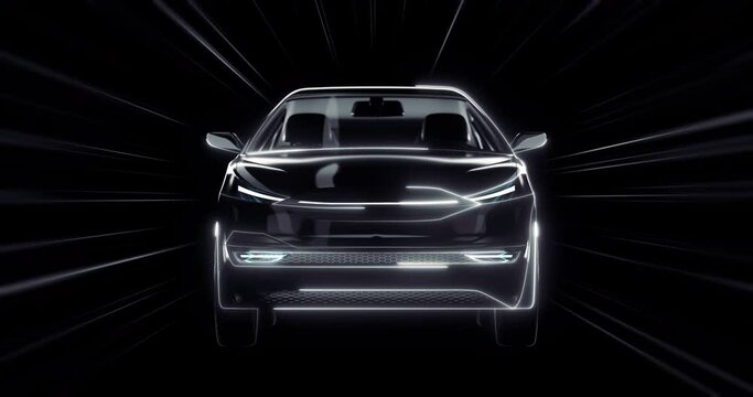 Lighted concept of modern black SUV car from the front. White line motion in 4K animation of own designed generic non existing car.