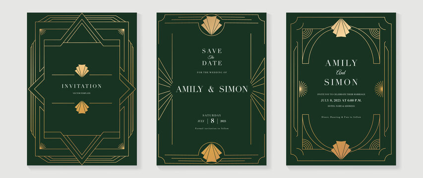 Luxury geometric pattern invitation template. Set of art deco poster design with golden line, ornament, shapes, borders. Elegant card vector perfect for banner, background, wallpaper, wedding.