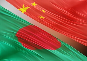 China Flag with Abstract Bangladesh Flag Illustration 3D Rendering (3D Artwork)