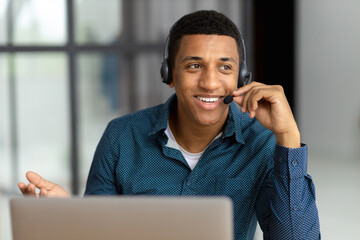 African american young man customer support call center operator or receptionist