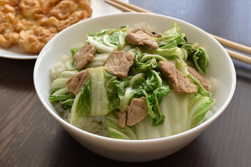 Stir fried Chinese cabbage with rice. Napa cabbage stir fry with pork with blurred Thai omelette on a plate.  Homemade Asian food. 