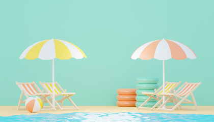 3d render minimal podium background for show and sales products. Hello Summer season scene design concept. Abstract Vacant pedestal for presentation and advertising. Beach Vacations in Summer.